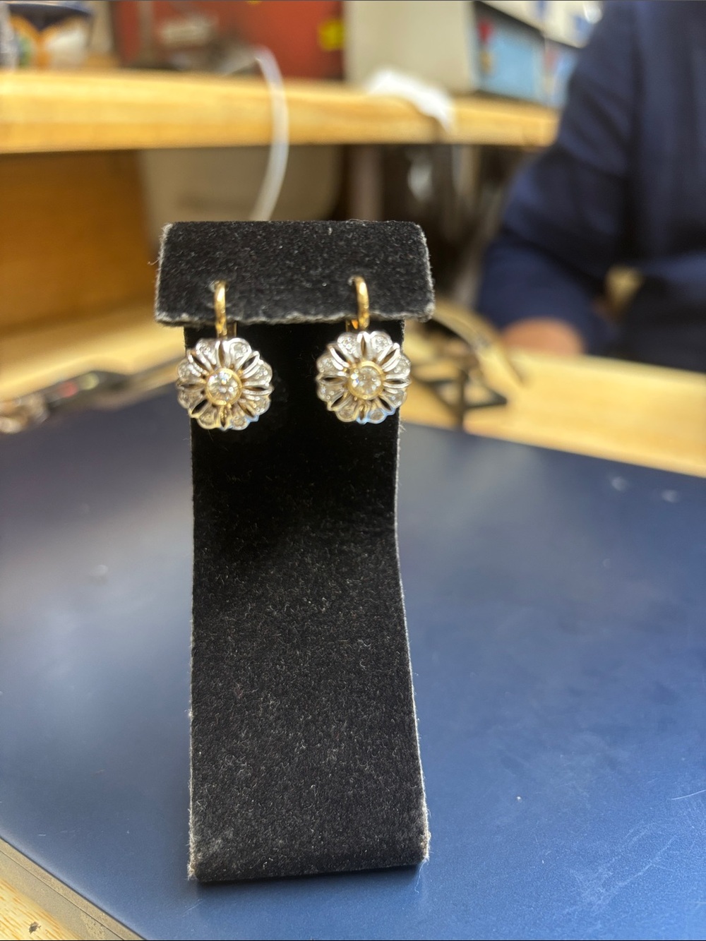 Two-Tone (yellow and white gold 14K) Floral Drop Earrings with Sparkling Centers